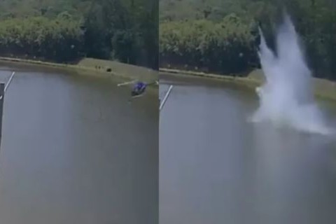 Helicóptero despenca em lago no interior de São Paulo